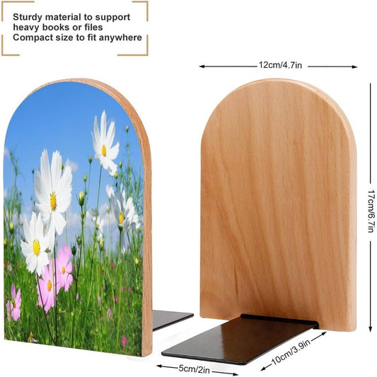 Pink and White Flowers Wooden Bookend Non-Slip Book Ends Heavy Duty Book Stopper with Metal Base Books Holderd Decorative Bookends Stands Firmly for Office Supplies