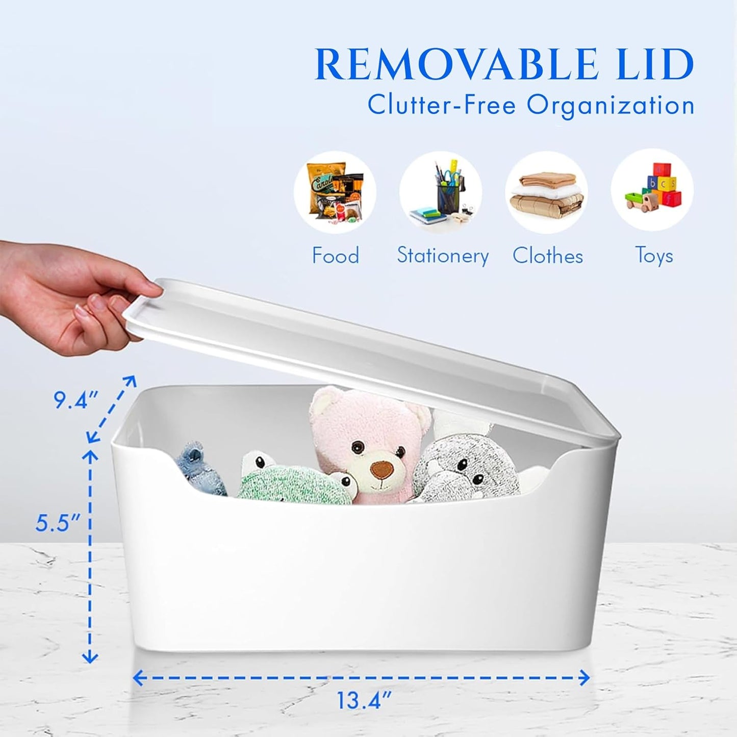 White Small Storage Bins with Lids 2 Pack for Organization for Pantry Bathroom Shelves Closet Cabinets, Stackable Plastic Storage Basket with Lid, Lidded Organizing Bin Containers for Shelf and Crafts