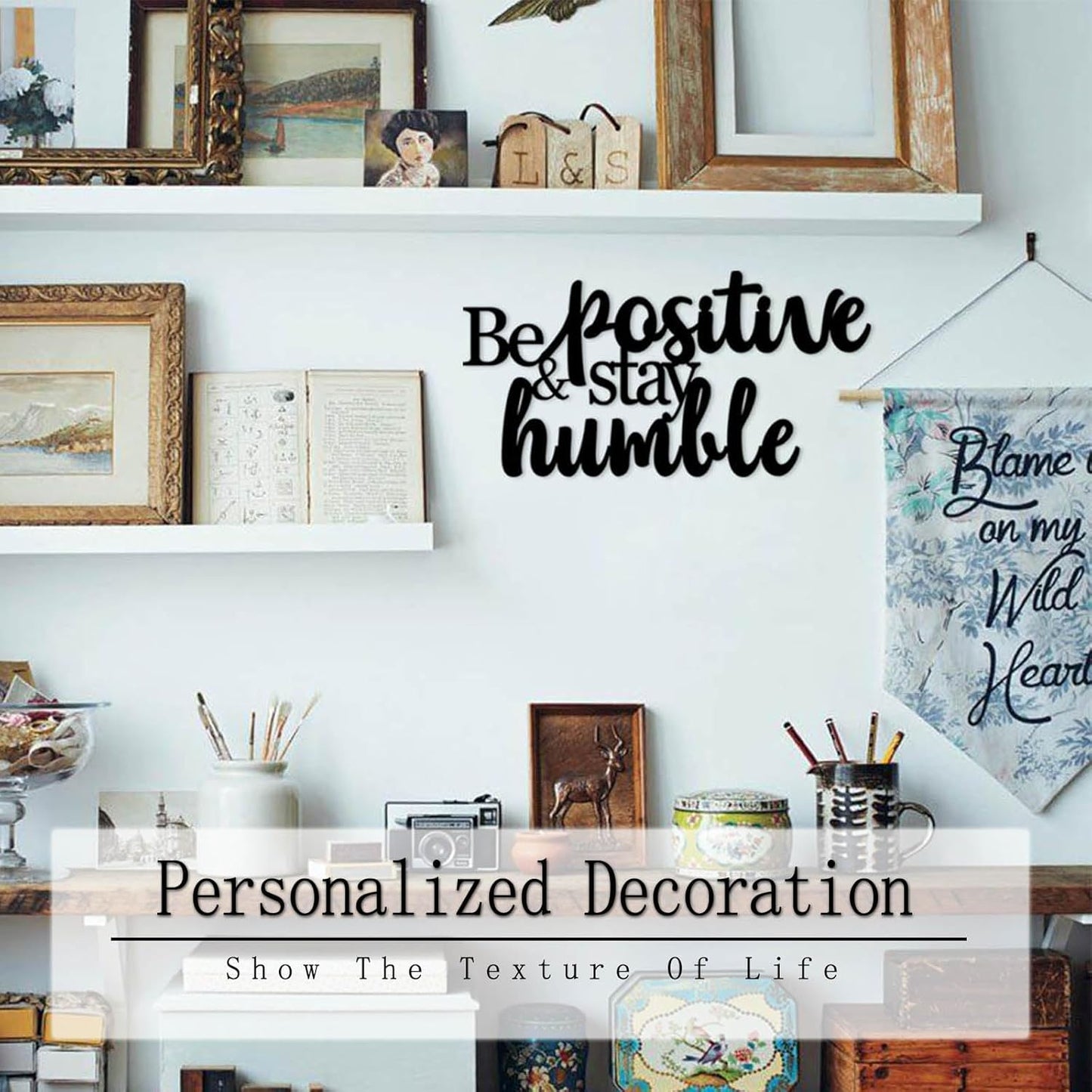 Positive Affirmations Wall Decor - Be Positive & Stay Humble Metal Sign Rustic Inspirational Wall Art for Home Office Decor - Black