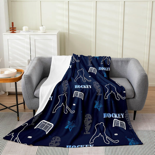 Erosebridal Hockey Fleece Blanket,Ice Hockey Blanket Twin 60x80,Hockey Player Fuzzy Blanket,Ball Gamer Flannel Blanket for Sofa Bed Couch,Hockey Sports Themed Throw Blanket for Kids Boys,Blue