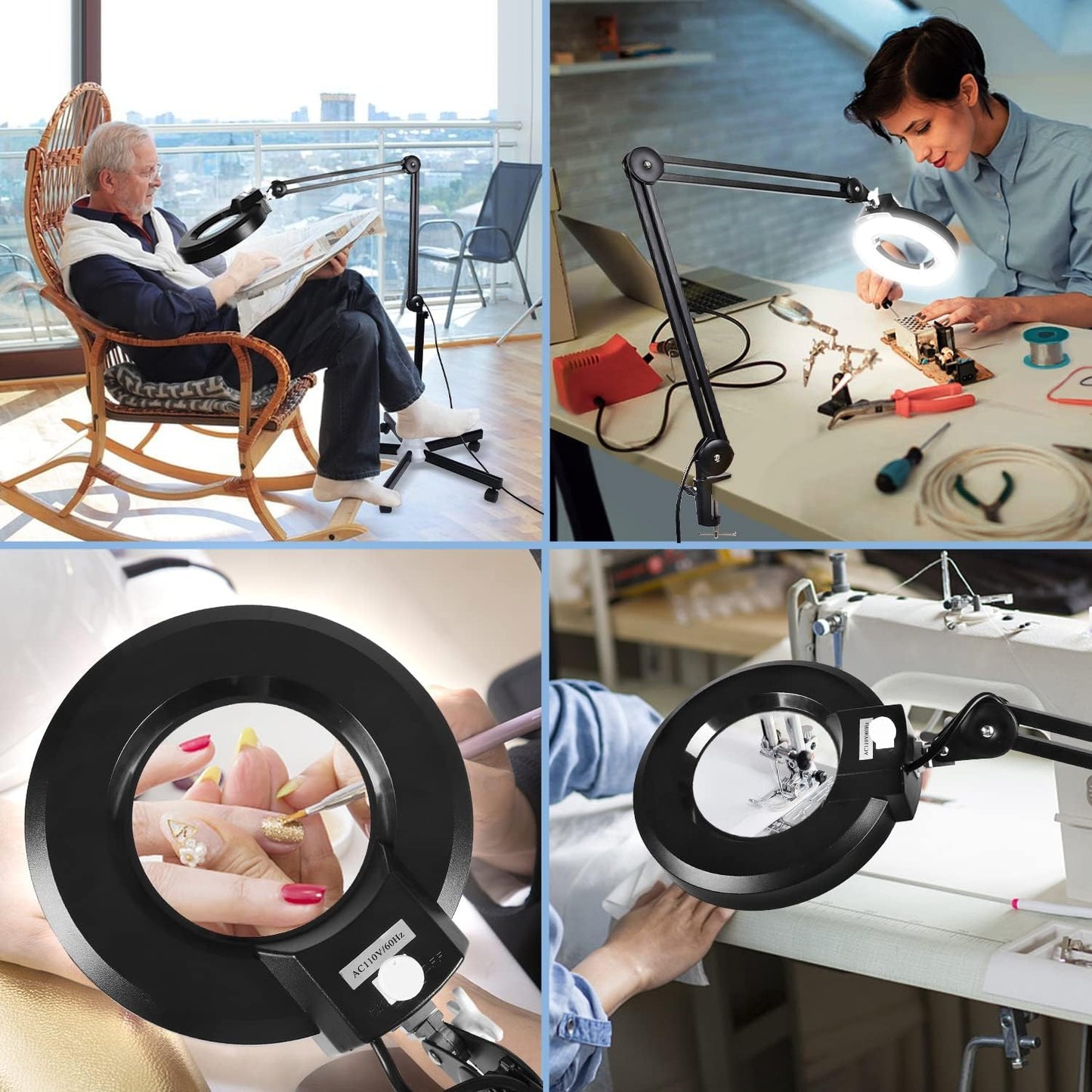 LANCOSC 10X Magnifying Glass with Light and Stand, Floor Lamp with 5-Wheel Rolling Base for Facials Lash Estheticians, 2,200 Lumens Dimmable LED Lighted Magnifier for Reading Sewing Crafts - Black