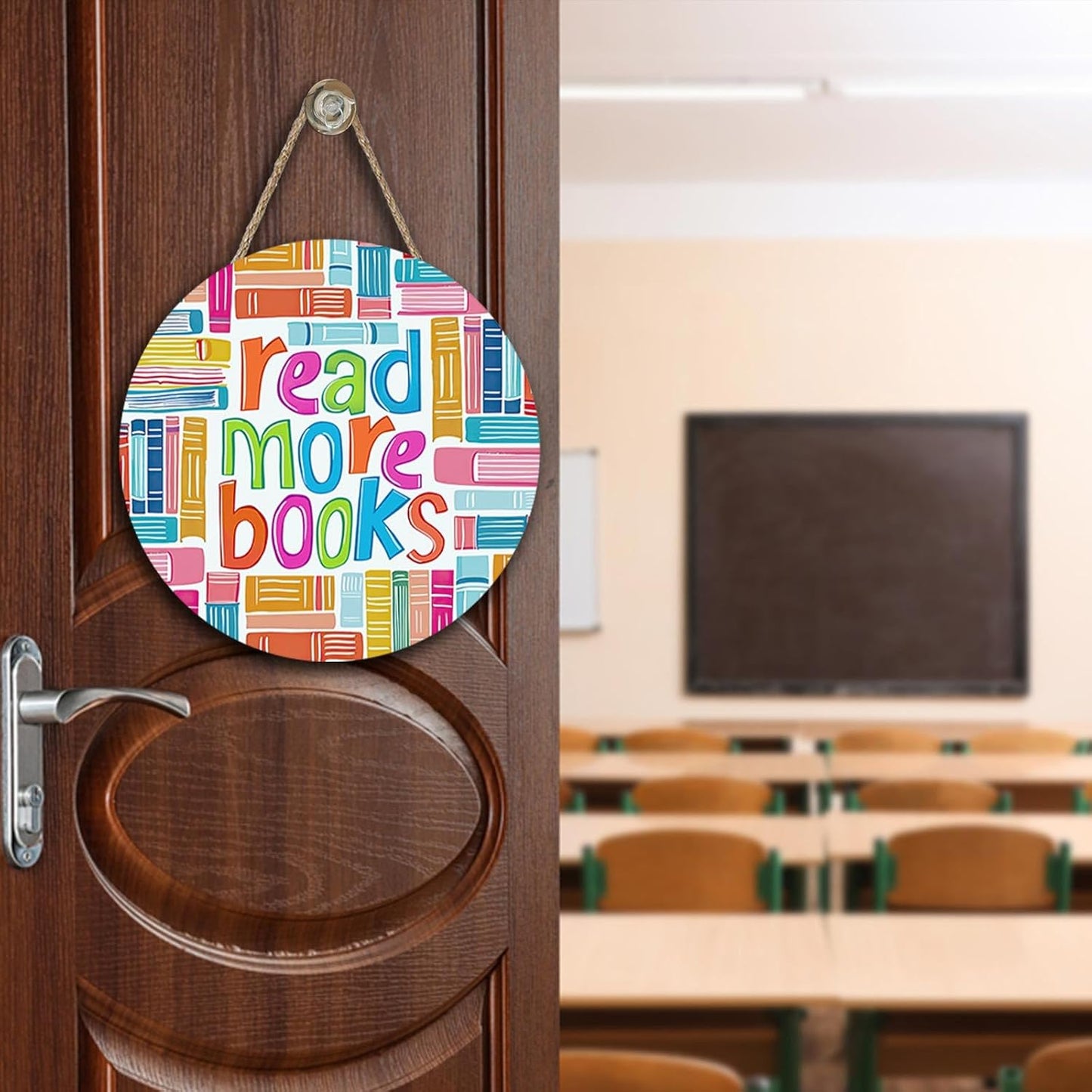 Reading Corner Read More Books Front Door Sign, Inspirational Library Wood Plaque Hanger School Classroom Study Decor, Wooden Wreath Wall Hanging Decoration Bookish Reader Book Lover Gift