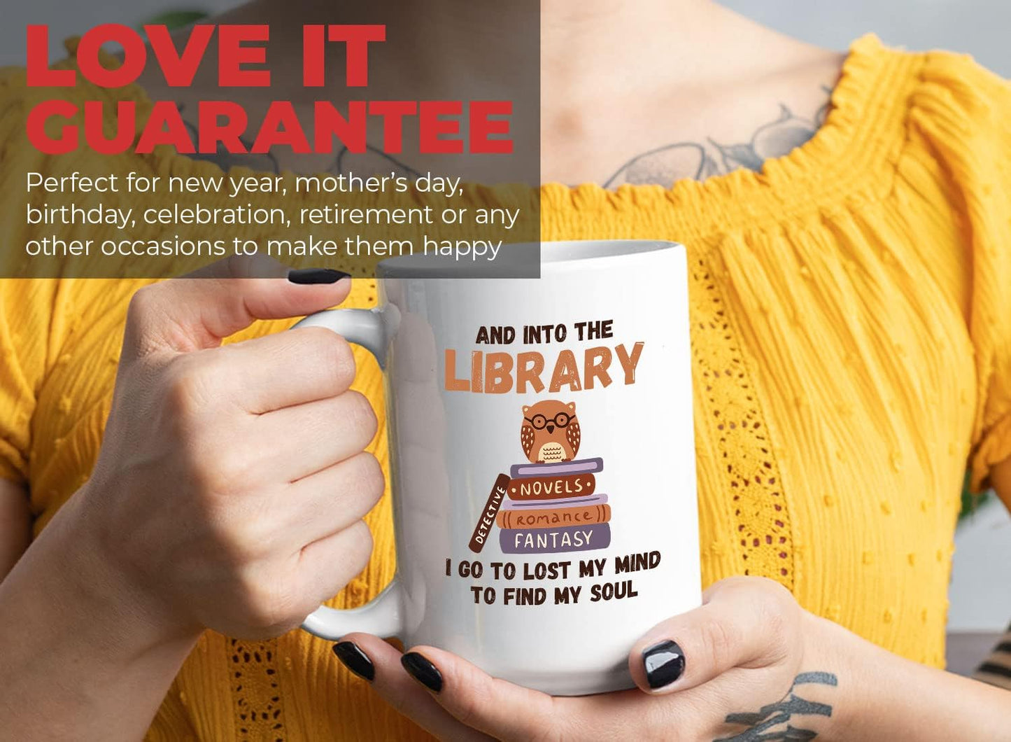 Bubble Hugs Book Lover Coffee Mug 15oz White - And into the Library - Reading Reader Owl Stack of Books Lost Mind to Find Soul Book Lover Bookish Novelist Librarian Writer