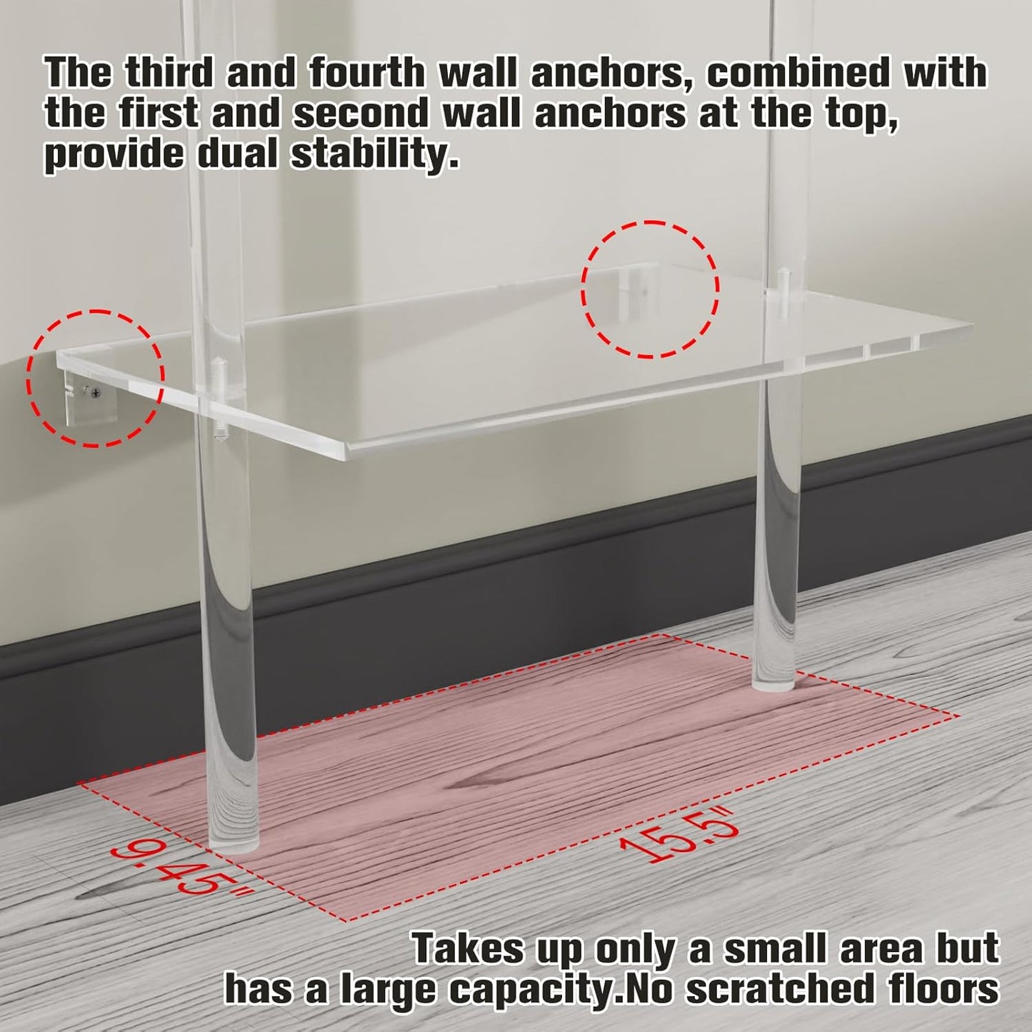 DuvinDD 5-Tier Acrylic Bookshelf Clear Open Bookcase, 15.5" Wide x 71.6" Tall Narrow Skinny Bookshelf, Wall Leaning Storage Shelf Display Shelves with LED Light String, Modern