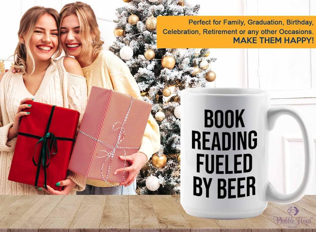 Hobby Beer Lover Coffee Mug 15oz White - book reading fueled by beer - Mountain Biking, Bike Riding, Bicycling Lover, Cycling Bike Enthusiast, Road Bike