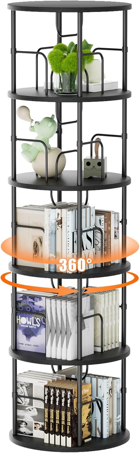 Flycity 5 Tier Rotating Bookshelf, 360° Corner Bookshelf Tower, Round Revolving Bookcase with Special Visible Partition Storage, Narrow Book Shelf Organizer for Living Room, Small Space, Black