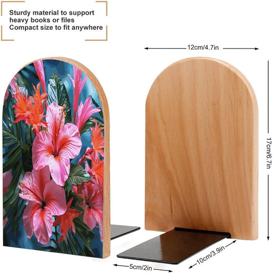 Pink Flower Tropical Plant Bookend for Shelves Wooden Book End Large Size Sturdy Book Holders Stoppers with Metal Base for Bookshelves Slick Decorative Bookends Stands