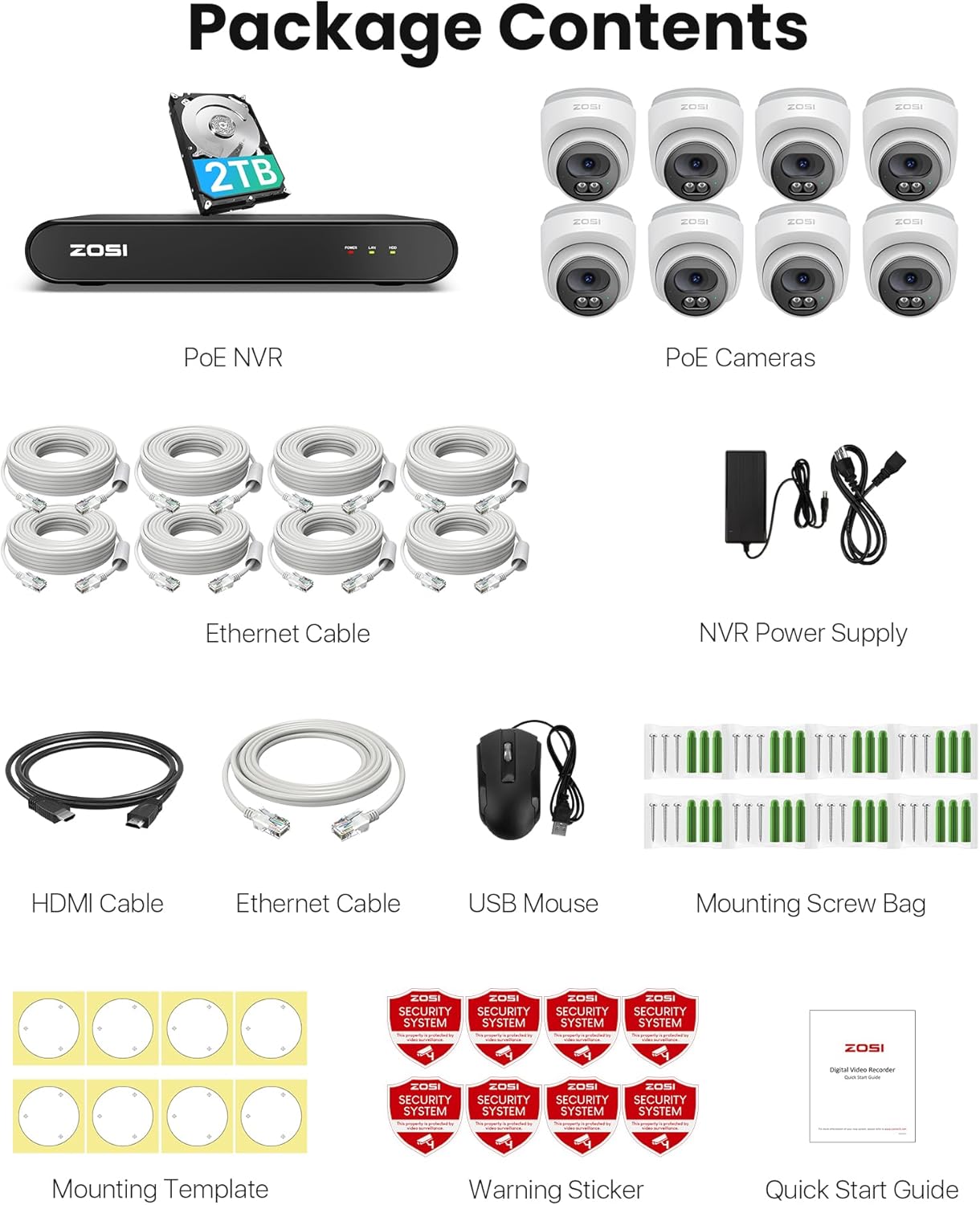ZOSI C220 8CH 4MP QHD 2.5K PoE Home Security Camera System, 8CH 5MP 3K NVR with 2TB HDD for 24/7 Record, 8 x 4MP(1440p) Dome IP Cameras Outdoor Indoor, Smart AI Human Detection, Two-Way Audio