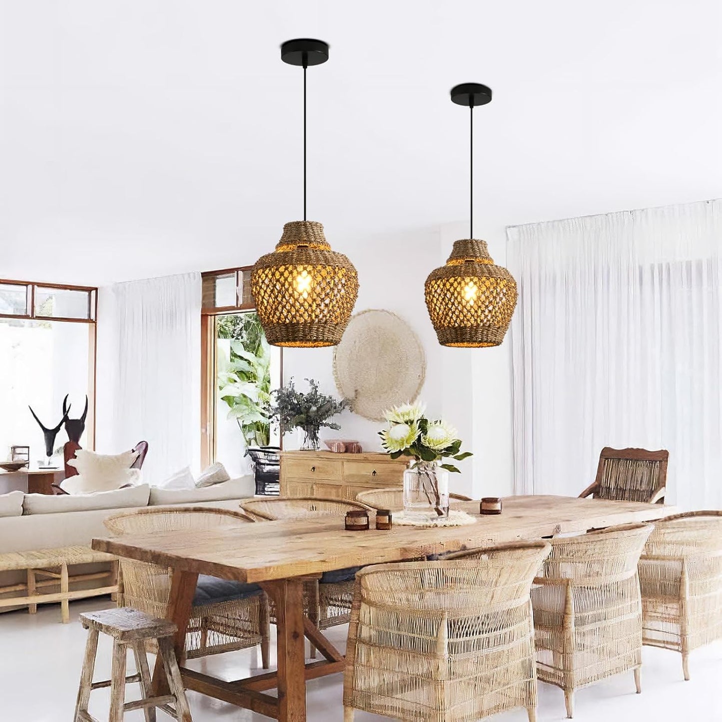 Rattan Pendant Light Fixtures,11.02" Boho Rattan Pendant Light,2-Pack Hand Woven Seagrass Chandelier for Workplace Occasions Restaurants Dining Living Bedroom Kitchen Farmhouse