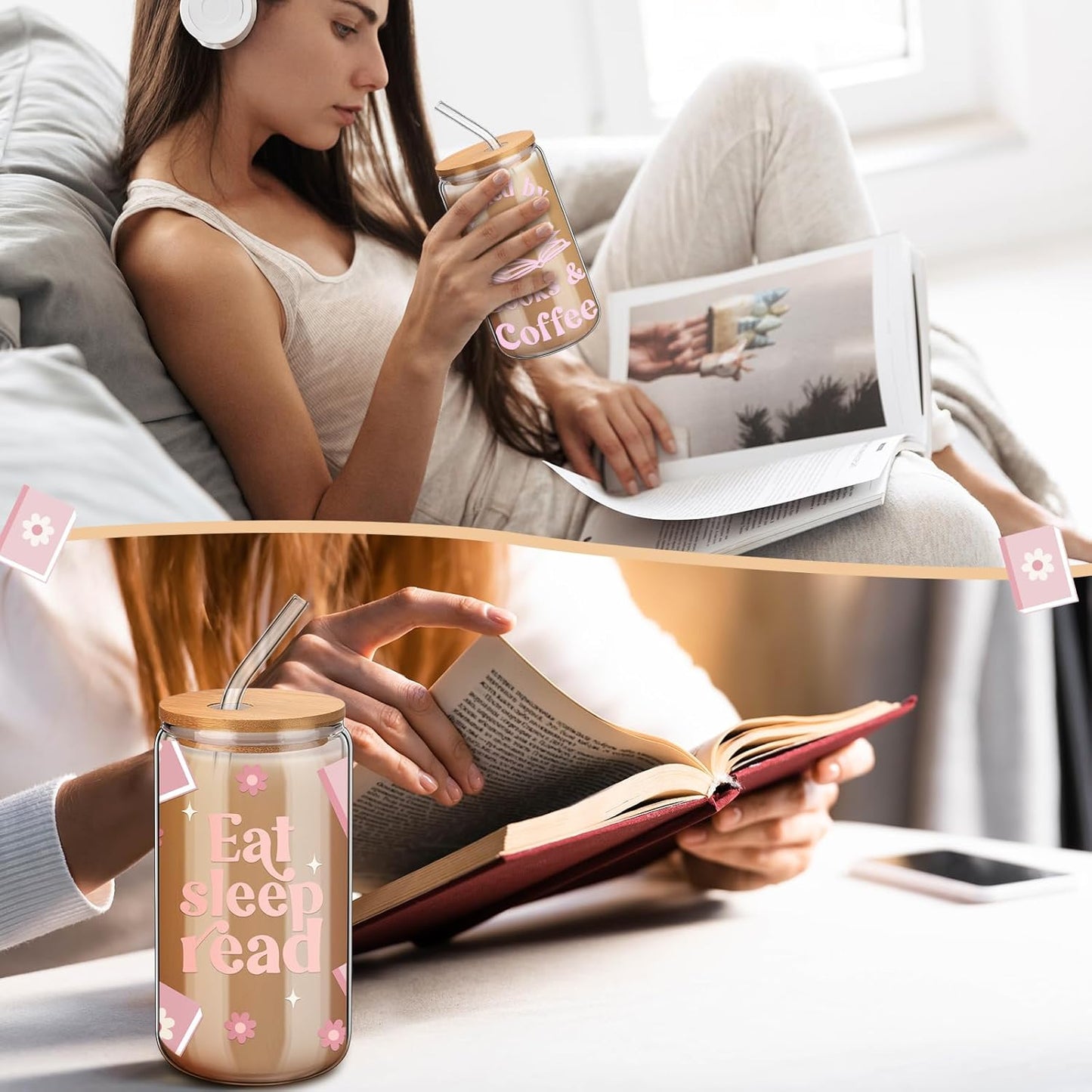 4 Pcs Book Lover Glass Cups with Lid and Straw Christmas Gifts for Bookish 16 oz Drinking Glasses Iced Coffee Cups Can Shape Mug Tumbler for Christmas Women Men Birthday Party Favor Gift