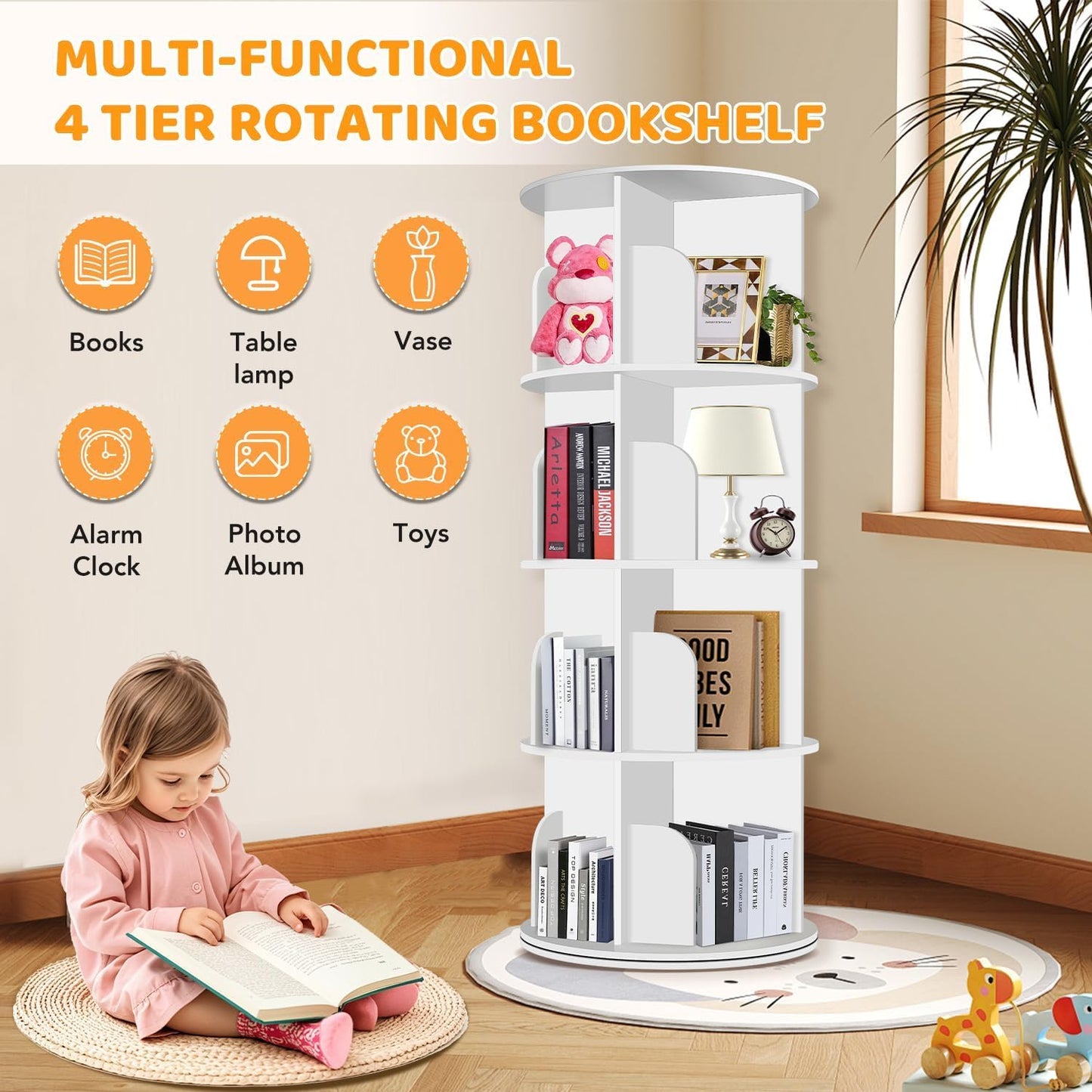 4 Tier Rotating Bookshelf Tower, Spinning Bookshelf, Revolving 360° Bookcase Storage Round Carousel, Vertical Rotate Turning Spiral Corner Organizer Lazy Susan, White