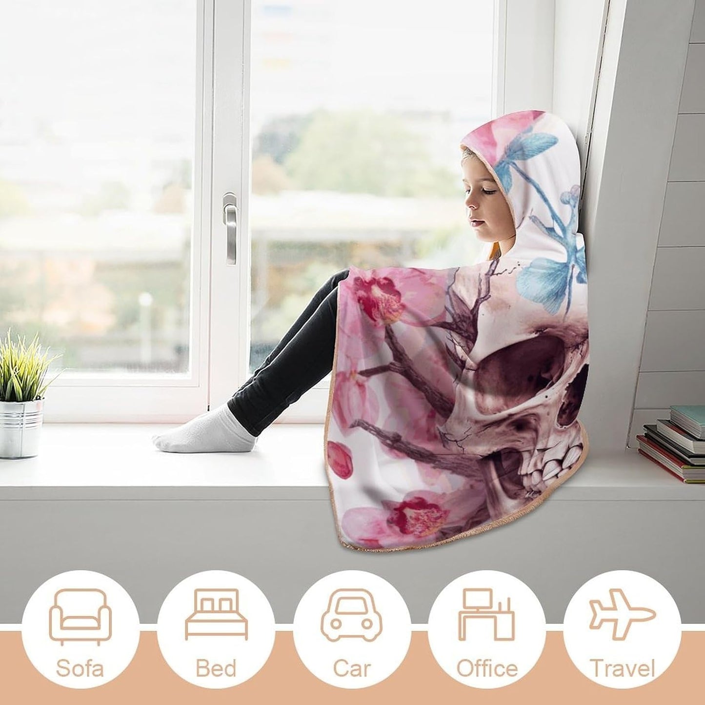 Human Skull Pink Flowers Wearable Blanket Hoodie for Women Men Oversized Soft Fleece Blanket Sweatshirt Cozy Poncho-