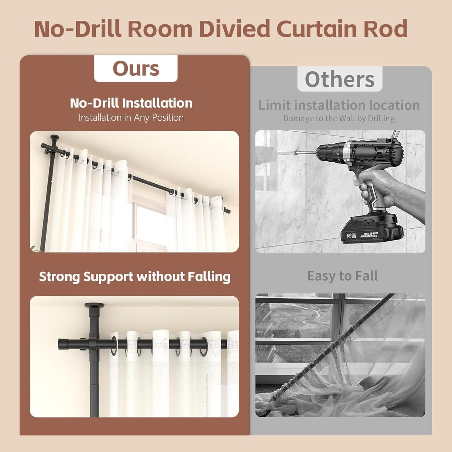 Room Divider Curtain Rod - No Drilling Partition Room Dividers for Room Separation,4-10ft (H) 28-120inch(W) Adjustable Floor to Ceiling Portable Room Divider Wall Partitions Space Separator