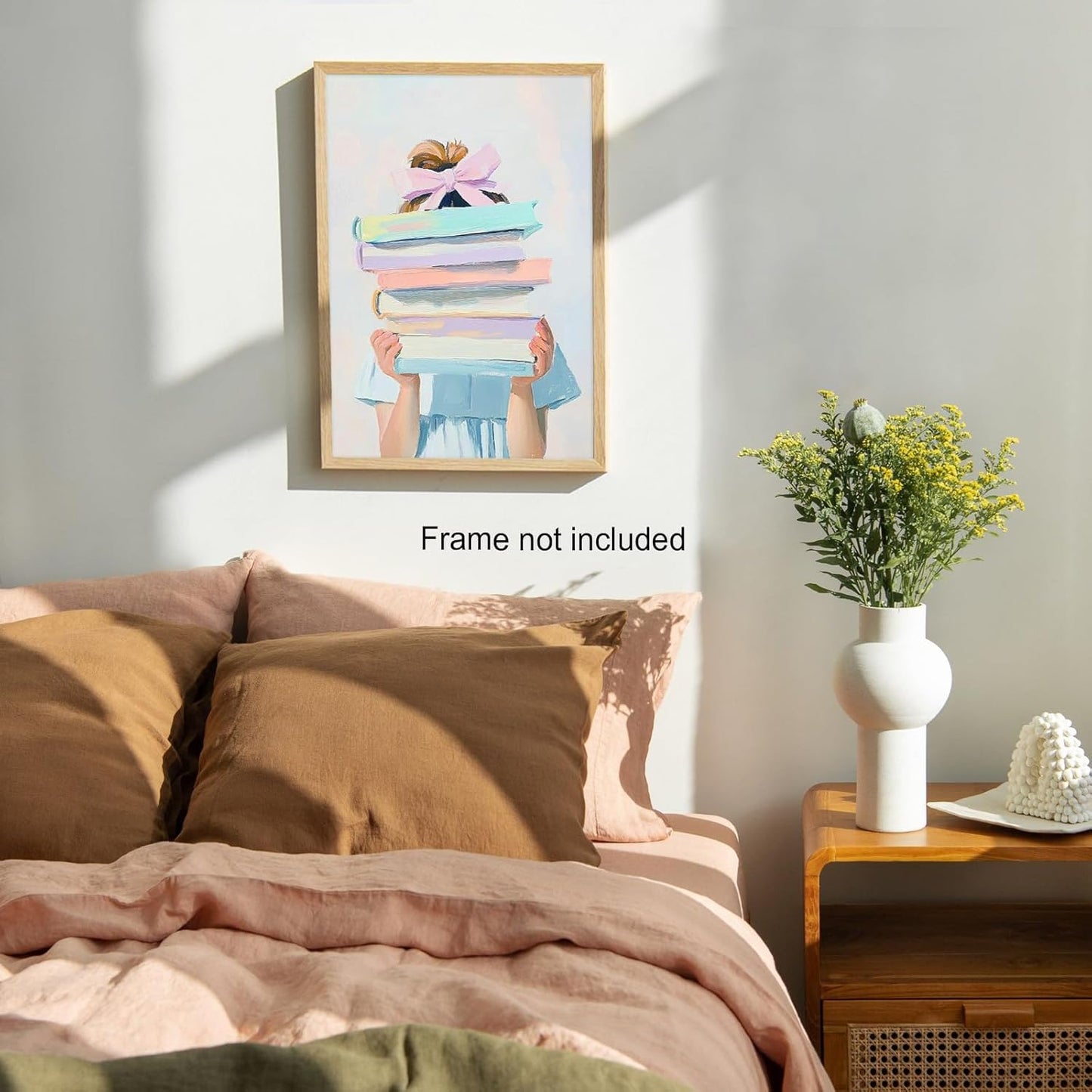 Little Blonde Girl With Stack of Books Canvas Wall Art Poster - Pink Bow Girl Reader Library Wall Decoration Aesthetic Poster for Nursery Girl's Room Decor 12x16in Unframed