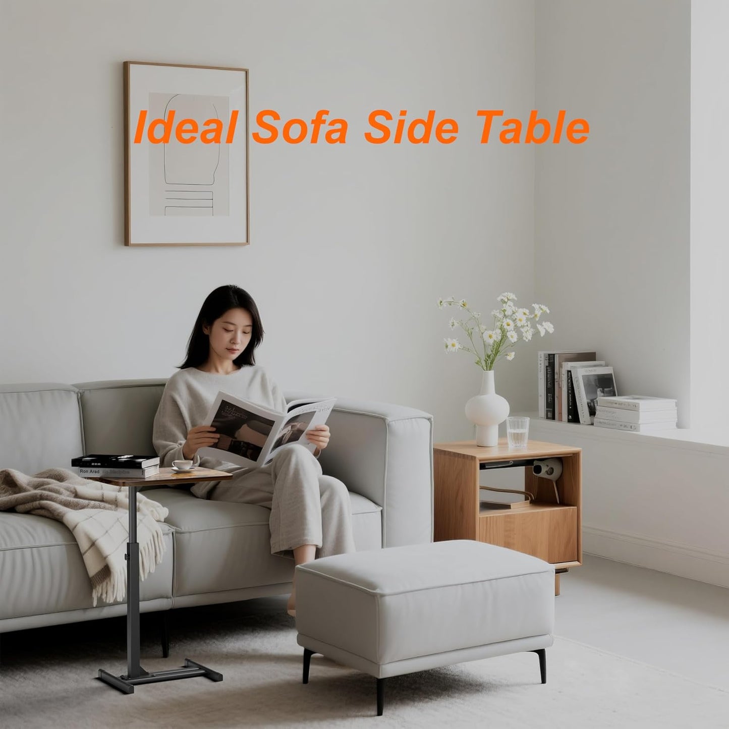 작은 공간용 TV 트레이 테이블, 360° 회전 테이블 탑 및 높이 조절 가능, C자형 소파 암 엔드 사이드 테이블, 식사용 노트북, 거실, 침실, 아침 식사를 위한 침대 트레이 스탠드(금속 베이스)