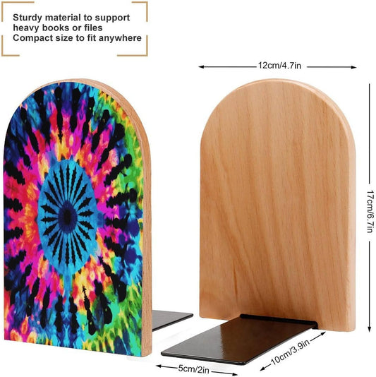 Non-Slip Bookend for Shelves Exotic Tribe Tie Dye Style Wooden Bookends with Metal Base Decorative Book Stopper for Home Heavy Duty Wood Book Storage for Books/CDs