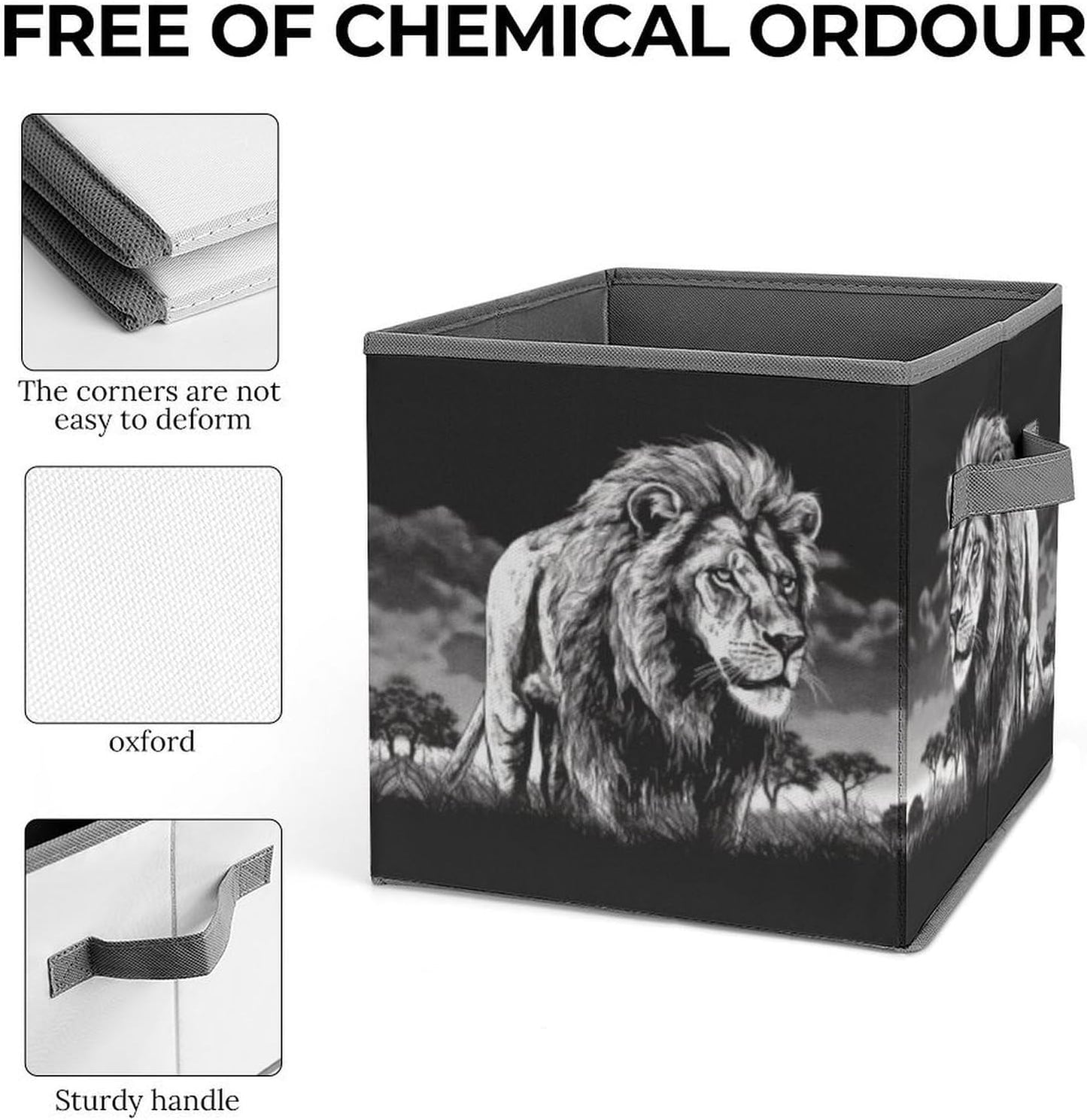 Lion Black And White Illustration Storage Bins with Handles Fashion Large Storage Cubes Sturdy Foldable Storage Boxes Space-Saving Storage Baskets for Home Office Clothes Closet Organizers