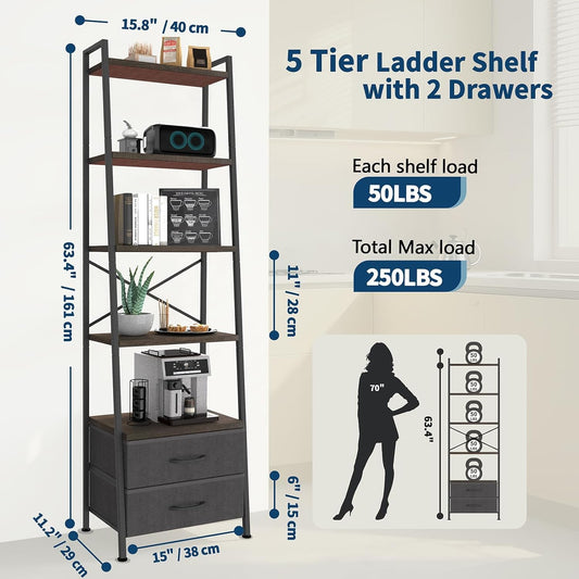 Whitmor 5-Tier Bookshelf with 2 Drawers, Narrow Modern Display Bookcase with Wood Shelves & Metal Frame, Freestanding Storage Rack for Living Room, Bedroom, Bathroom, Home Office, Black