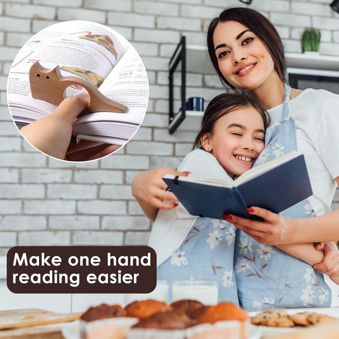 Wooden Book Thumb Page Holder for Women Men Leather Weighted Bookmarks Book Weight Page Holder Reading Accessory Gift for Reader Writer Lover Book Worm Mom Father Gift (PH02Page Holder-Cat, Large)