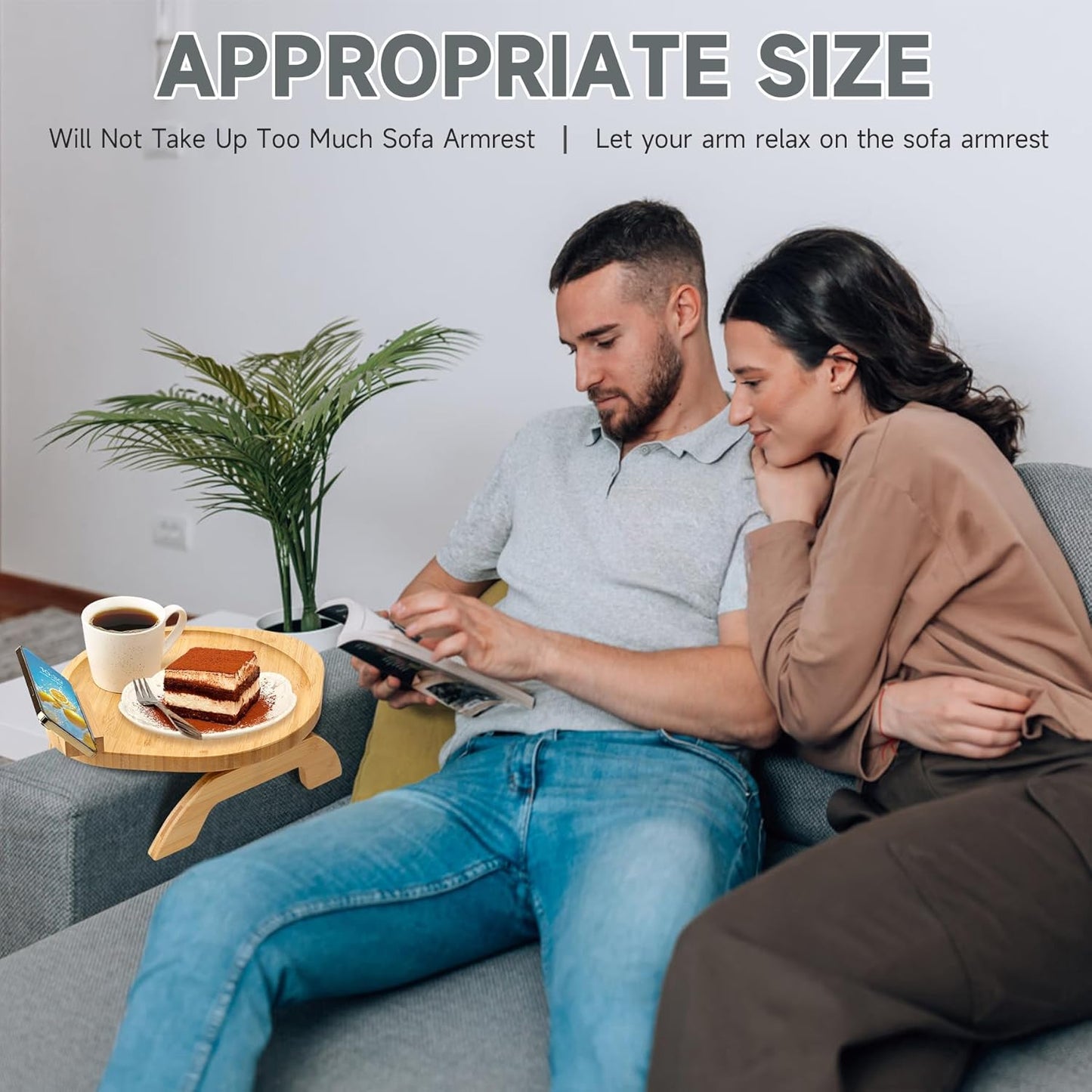 Couch Arm Tray Table, Bamboo Clip-on Couch Arm Tray with 360° Phone Holder, Foldable Sofa Armrest Table for Eating, Drink, Snacks, Coffee, TV, Remotes