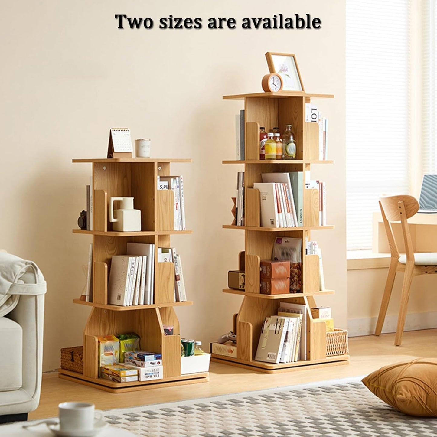 YVYKFZD Rotating Bookshelf Tower, Floor Standing Bookcase, 360 Display Storage Rack, Wood Open Narrow Book Shelf Organizer, for Small Space, Bedroom, Study Room(3 Tier 19.6"x19.6"x38.5")