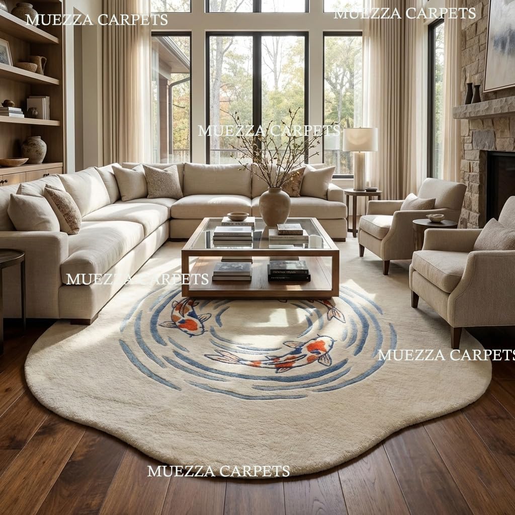 Hand Tufted Wool Koi Fish Area Rug 2x3 Ft – Japanese Zen Inspired Plush Accent Rug for Entryway Bedroom Decor