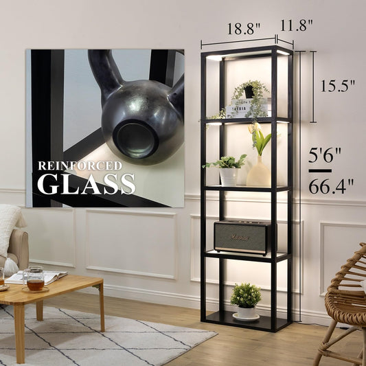 Glass Display Shelf with Remote/APP Control, Curio Cabinet for Collectibles with Light, Modern Shelf Floor Lamp with Adjustable Color Temps for Living Room, Bedroom