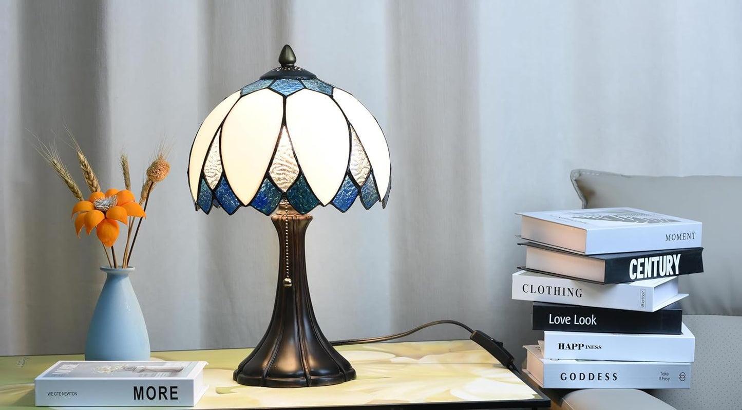 TL0014 Blue & White LotusTiffany Table Lamp Stained Glass Bedside Lamp Bending Glass Reading Desk Light 9.5 X 16.5 Inches for Bedroom Living Room Home Office (Blue &White)