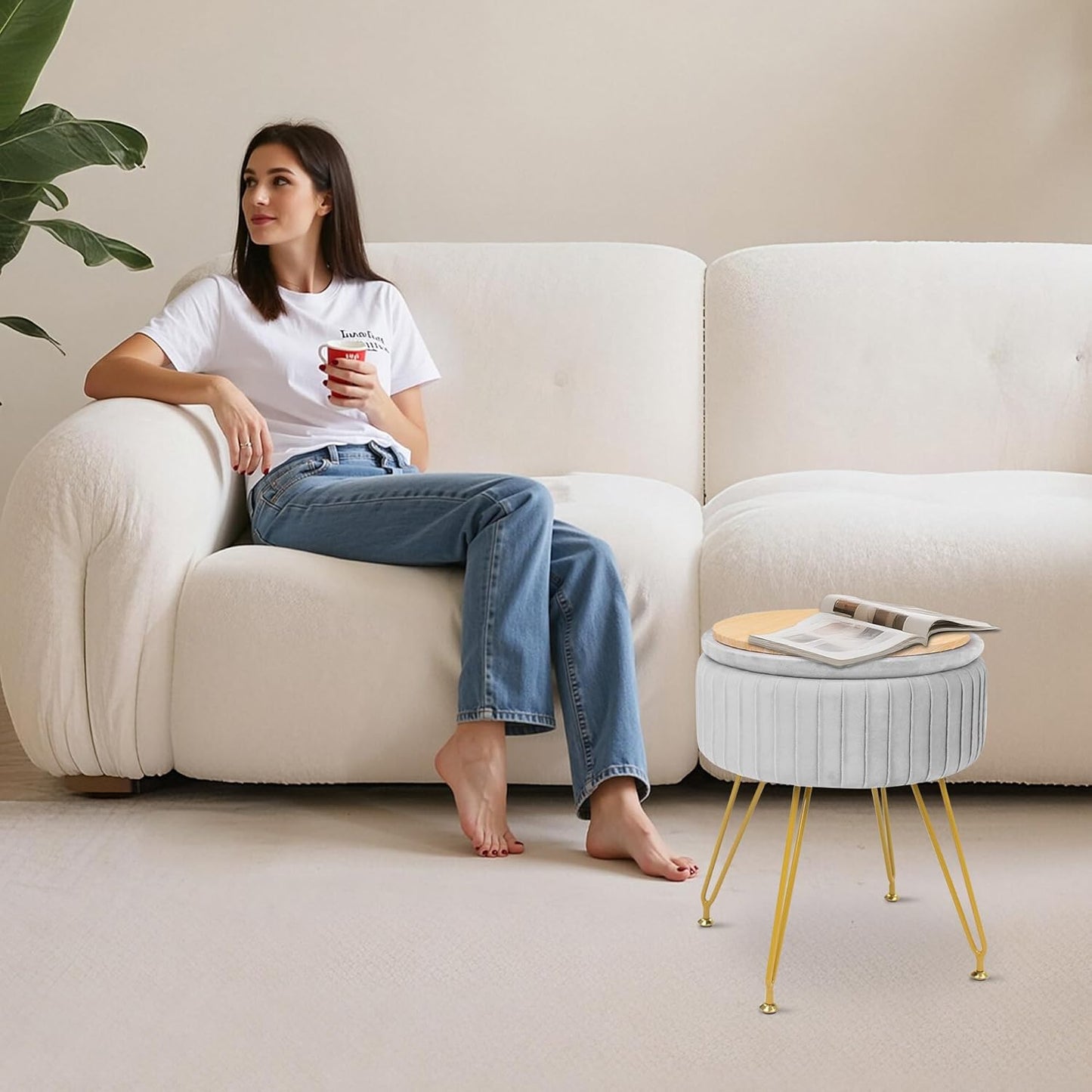Round Vanity Stool with Storage Ottoman,Vanity Chair for Makeup Room with Removable Cover, Small Footrest Ottoman for Home, Living Room, Bedroom (Grey)