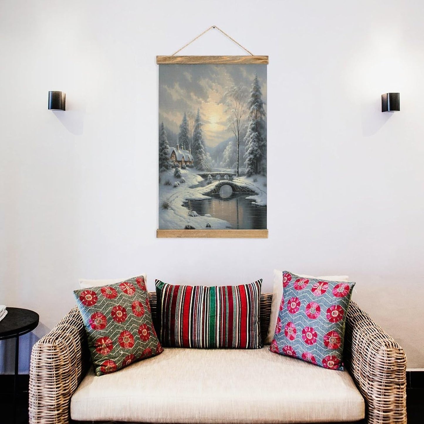 Vintage Winter Snow Scene Poster with Wooden Frame Personalized Linen Hanging Scroll Painting Rustic Wall Hanging Illustrative Modern Artwork Decor for Home Living Room Bedroom Office