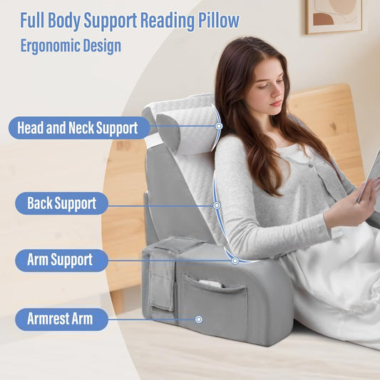LEBENGURU Reading Pillow for Sitting in Bed Adult, Back Support Pillow with Detachable Headrest & Armrests for Watching TV in Floor,Bed Chair Backrest Pillow for Working/Relaxing/Gaming