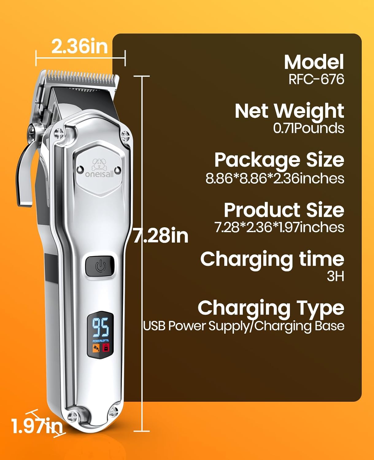 oneisall Professional Dog Grooming Clippers: Cordless Rechargeable Thick Hair Clipper with Detachable Metal Combs, Low Noise Heavy-Duty Pet Clippers for Curly/Fine/Wavy Hair, 676pro (Silver)