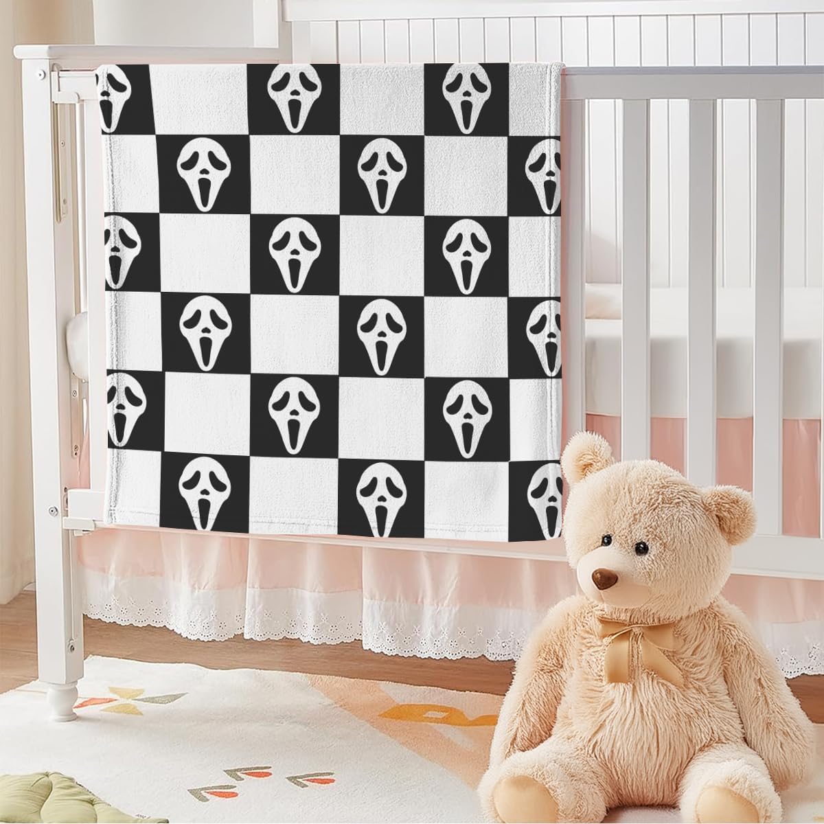 Spooky Face Throw Blanket, Black and White Checkered Pattern, Halloween Ghost Blankets Fuzzy Gifts for Sofa Couch Bedroom (60 * 80 inch)