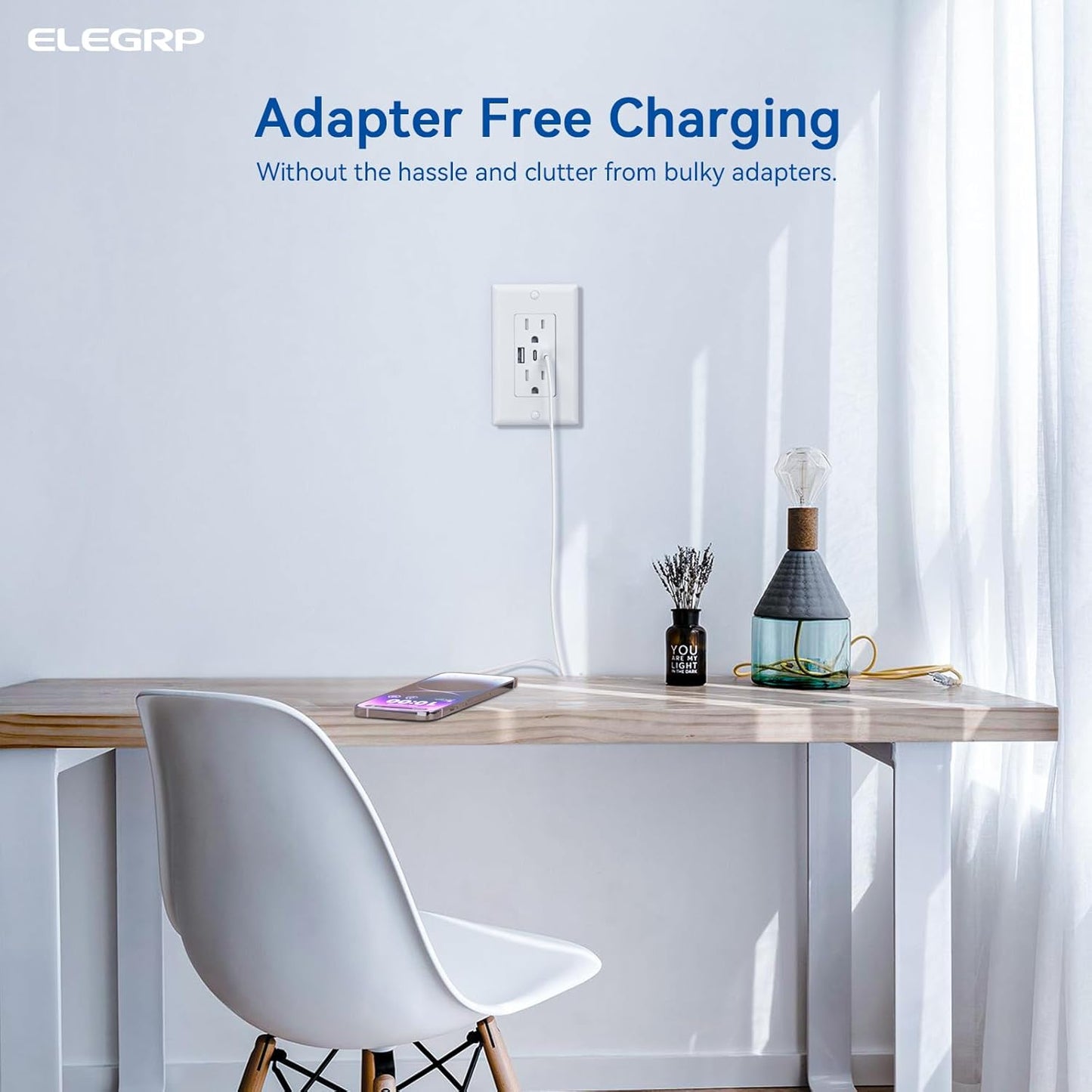 ELEGRP USB Outlets, 15 Amp Wall Outlet with 3 USB Ports, Dual USB C Ports Outlets, TR Tamper-Resistant USB Outlets Receptacles, Wall Plate Included, UL/CUL Listed, 2 Pack, White