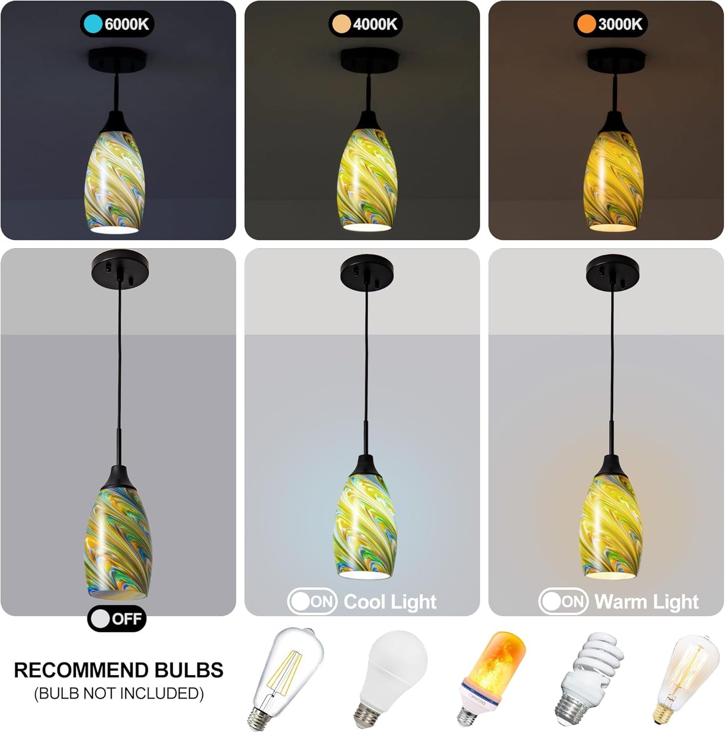 Mini Glass Pendant Light 4.72" Colorful Pattern Oval Pendant Lights 1-Pack Handblown Art Glass Hanging Pendant Light for Kitchen Island Dining Room Living Hallway Matte Black Metal