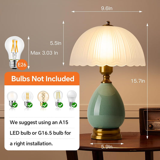 Ceramic Table lamp, Modern Bedside Lamps Green Mid Century Vintage Desk Lamp Retro Glass Mushroom Traditional Lamp for Nightstand Living Room Bedroom Home Decor (S04GN-1PACK)