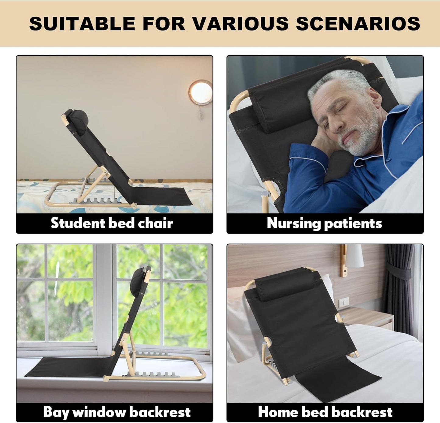 Menkxi Lifting Bed Backrest Portable Folding Adjustable Sit up Back Rest Multifunction Chair for Bed Change Angle of Backrest for Elderly Patients Back Neck Lumbar Support (Black,28.4 Inch)