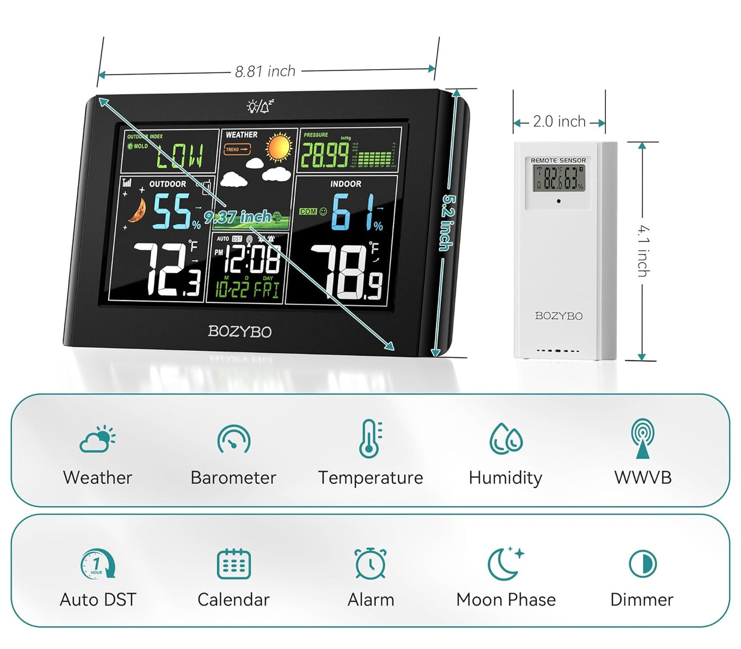 Weather Station Wireless Indoor Outdoor Thermometer: BOZYBO Digital Atomic Clock with Indoor/Outdoor Temp, Temperature Gauge Weather Clock with Calendar and Adjustable Backlight
