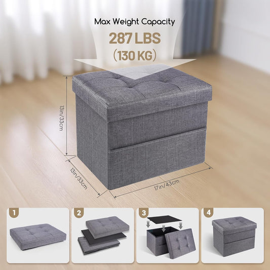 Storage Ottoman,Folding Ottomans with Storage,Linen Ottoman Foot Rest with Pocket,Foot Stool with Thicker Foam Padded for Living Room,Bedroom,Office,Dorm,287 lb Load Capacity,17x13x13in,Grey