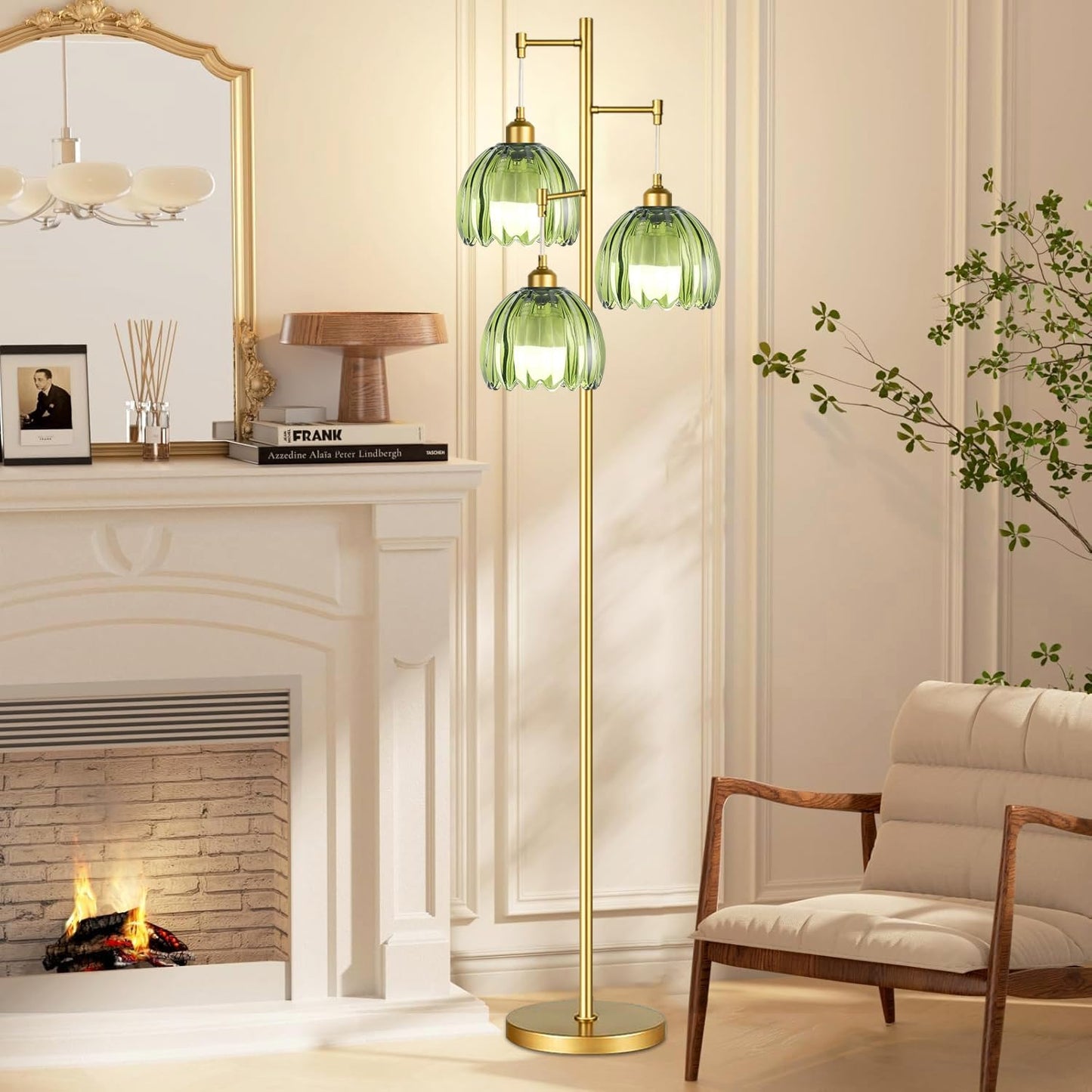 Gold Floor Lamps for Living Room Bedroom-3 Light Glass Floor Lamp with Three Led Bulb, Rustic Tall Floor Lamp Gold Standing Lamp Tree Floor Lamps for Living Room Bedroom,Office,Corner