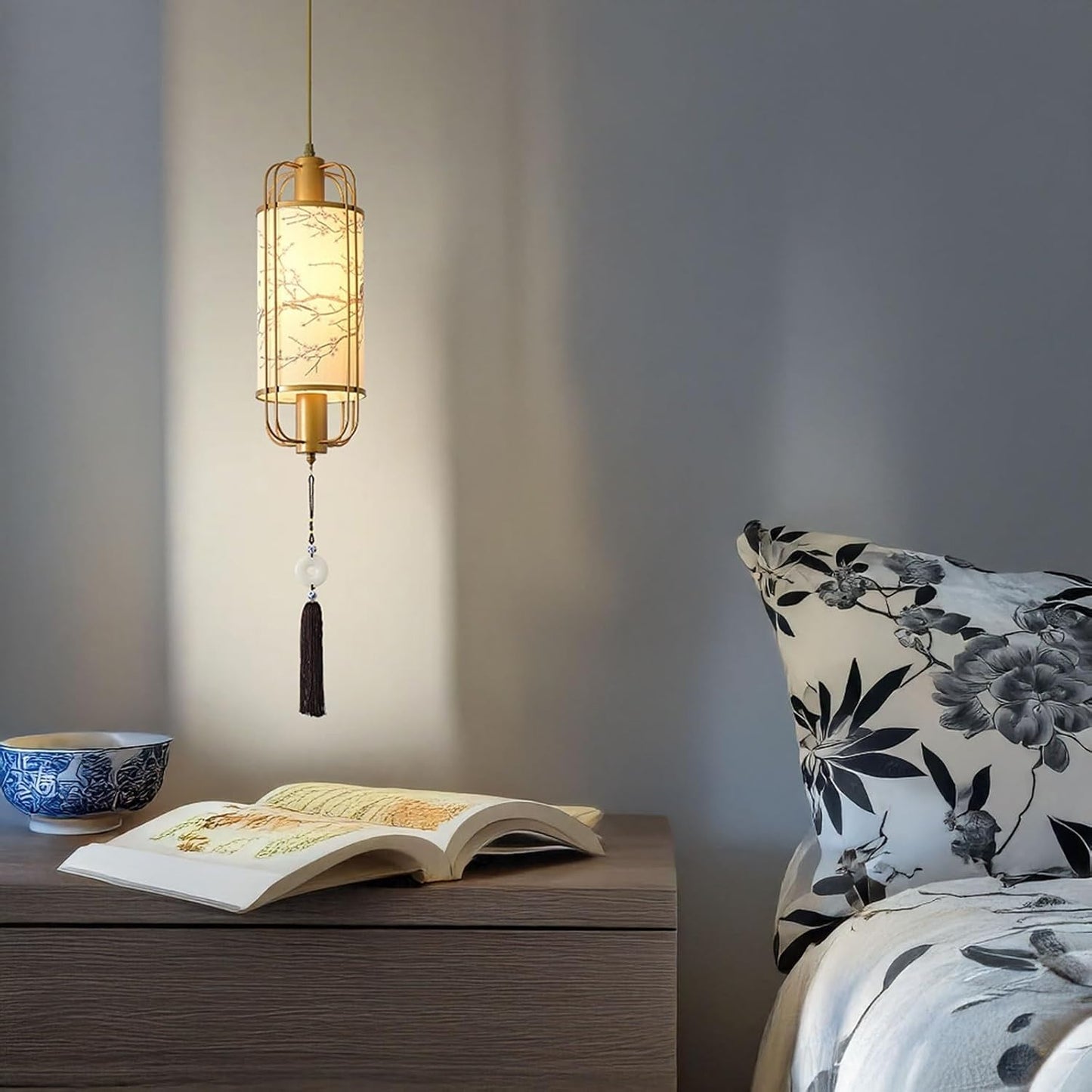 E27 Pendant Light for Bedroom Hanging Light Chandelier with Fabric Shade and 17.72" Height, 70.87" Adjustable, Soft Ambient Lighting for Hallway Dining Table Reading Nook Decor