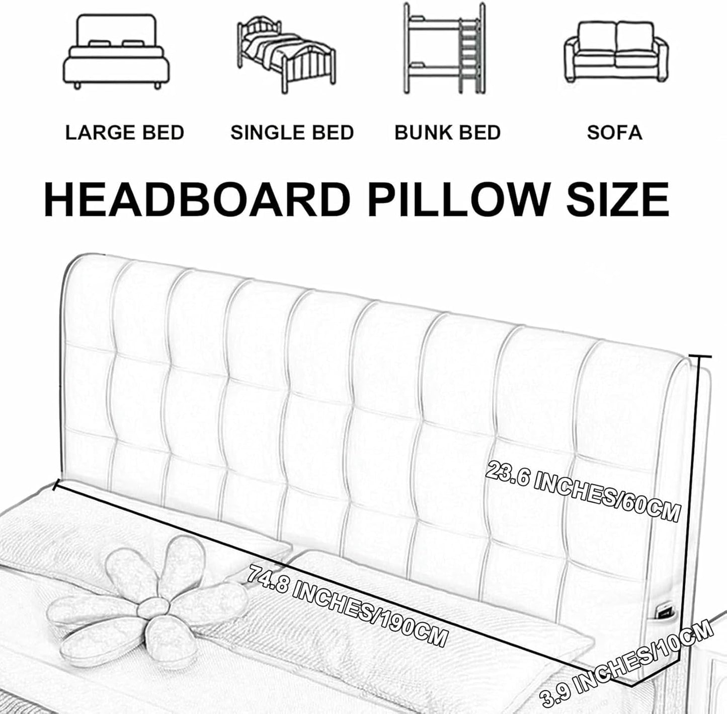 Headboard Bed Pillowboard Removable Wall Mounted Large Backrest Rectangular Lumbar Support Cushion Solid Color Bedside Pillow for Sofa Bed Bunk Bed,Blue,Straps/47x23x4In