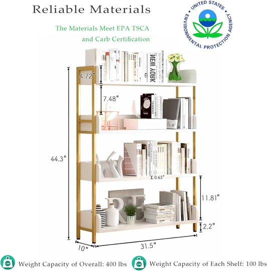 Wide Open Shelf Bookcase - Modern 4-Tier Floor Standing Display Bookshelf with Three-Side Baffles for Home and Office, Storage Shelving in Warm White with Gold Frame