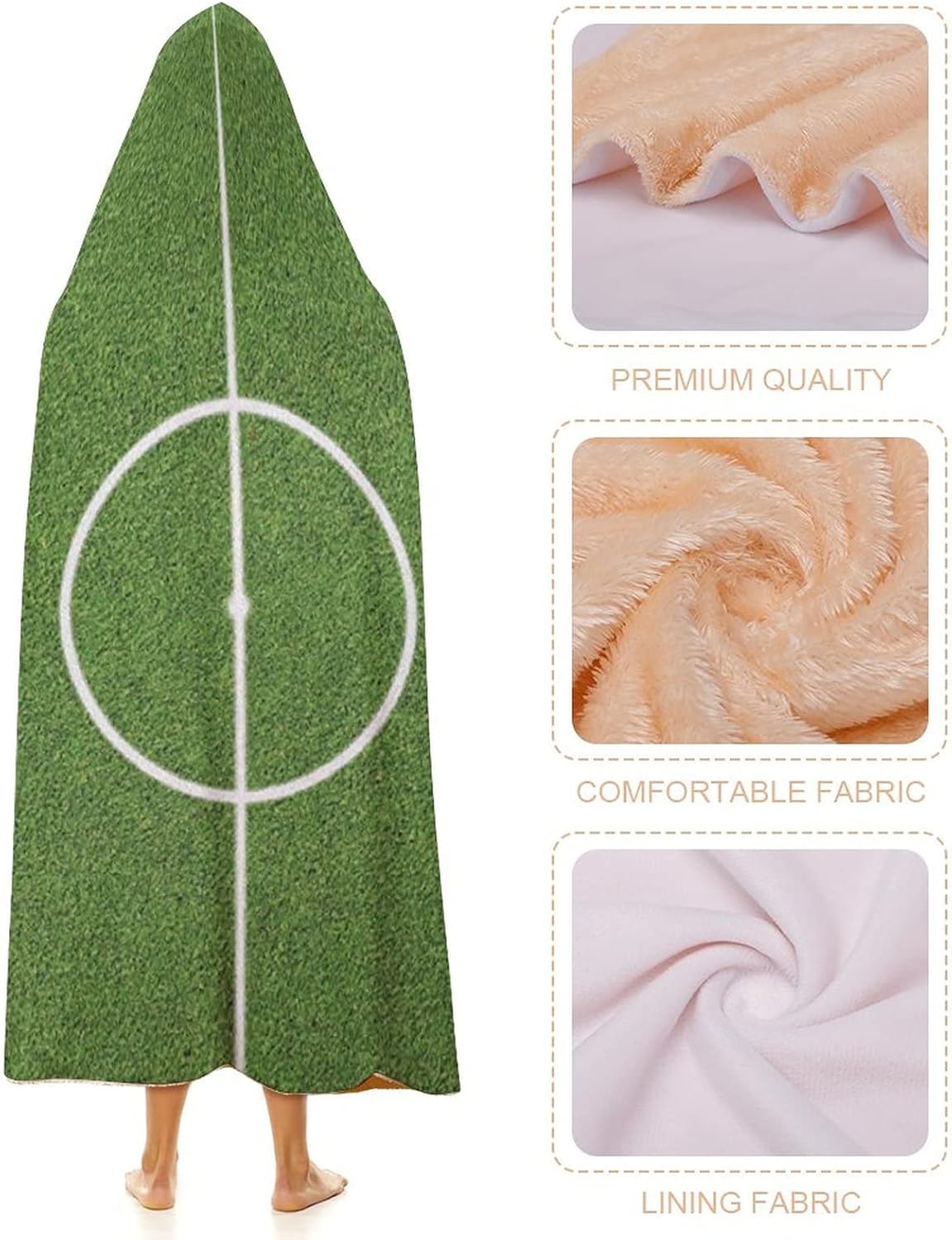 Throw Blankets, Teen Room Women Men Hooded Blanket, Soccer Field Grass Motif Stadium Sports Area, Soft Warm Cozy, 60 x 80inches, Studying Reading Snuggling Napping Office, Fern Green White