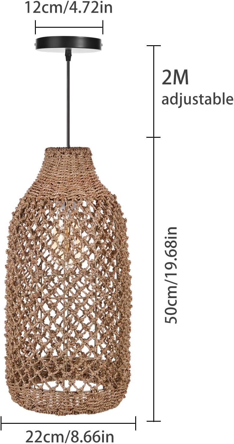 Arturesthome Boho Rattan Pendant Light Fixtures, Farmhouse Natural Ceiling Chandelier Lighting,Retro Wicker Hanging Lamp for Kitchen Dining Room 8.6"*19.6"