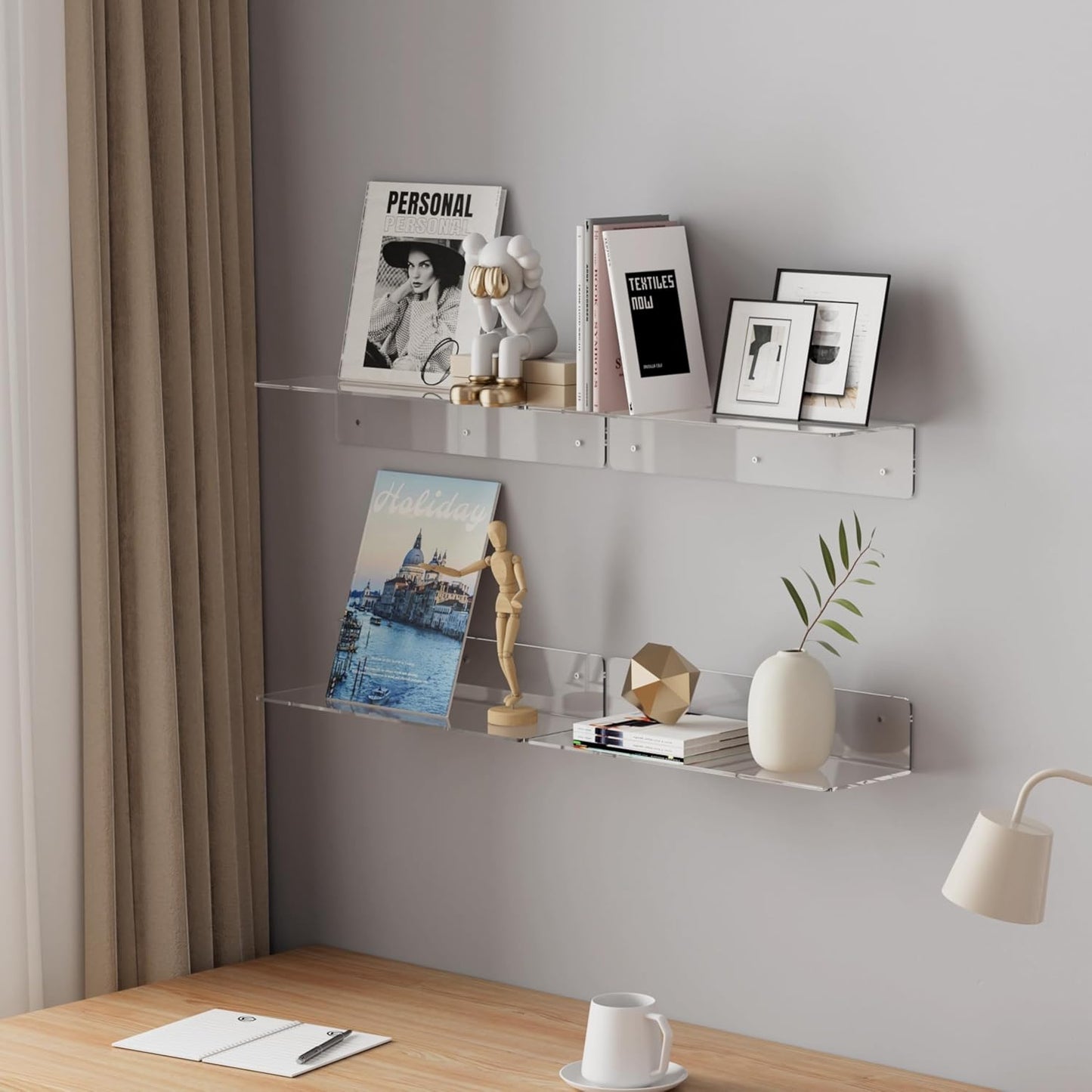HANGE 4-Pack Clear Acrylic Floating Shelves, 12" Invisible Wall Mounted Shelves – Space-Saving Storage for Kids’ Books, Bathroom, Bedroom, Kitchen, Living Room – Modern Display Organizer
