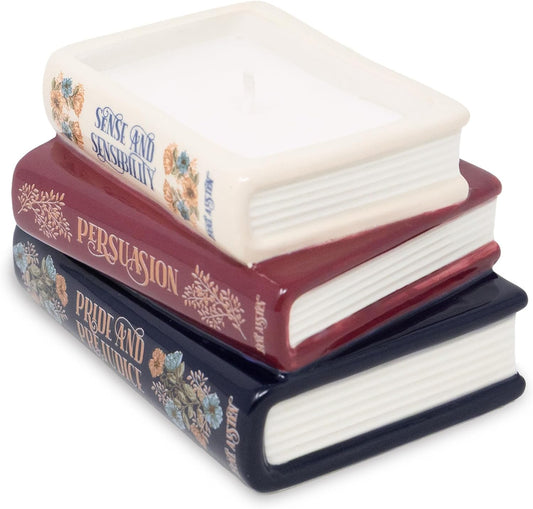 Steel Mill & Co Novelty Shaped Book Theme Scented Candle, Library Stack 6.5 oz Wax Candle with Notes of Earl Gray Tea and Honey, Unique Gift for Mother's Day (Jane Austen)