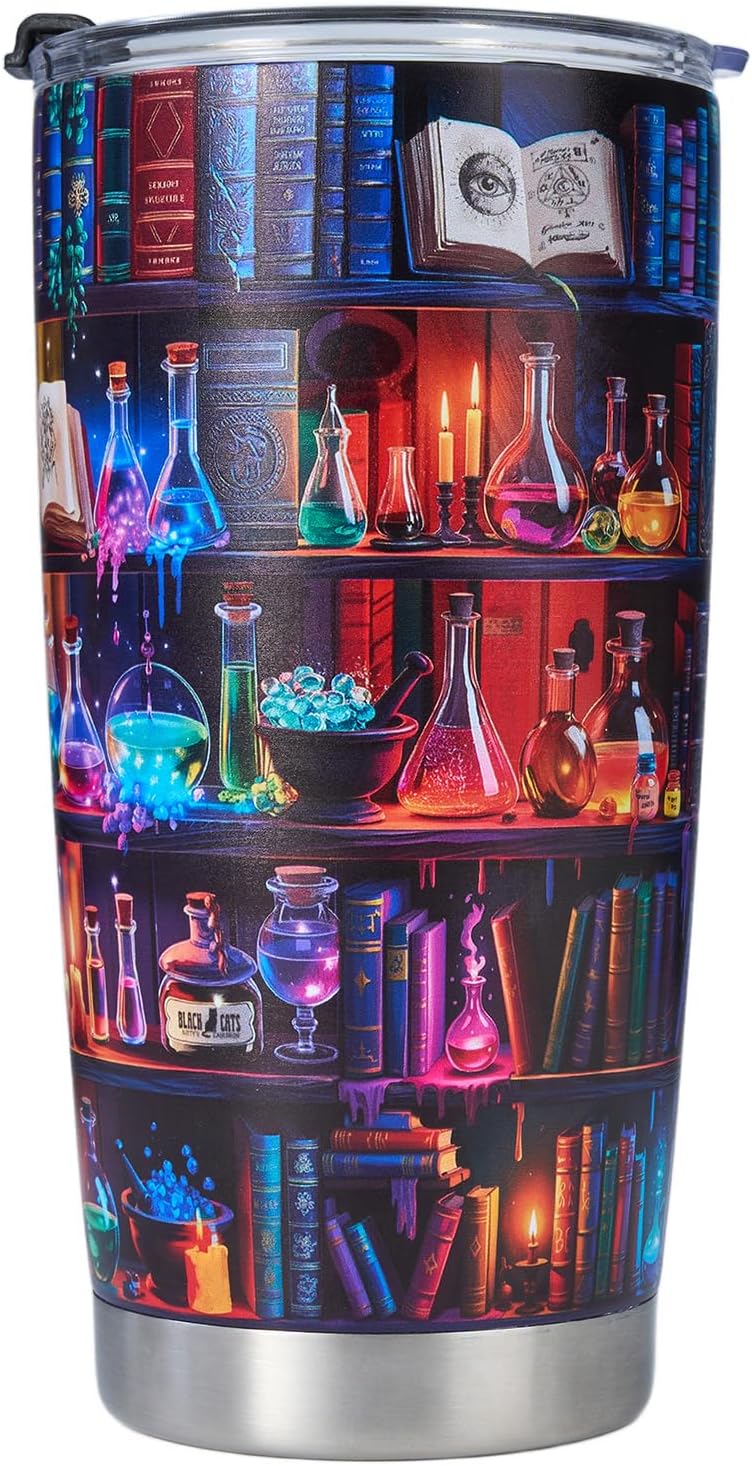Book Lovers 20oz Stainless Steel Tumbler – Colorful Bookshelf Design Cup – Insulated Travel Mug with Lid – Gift for Readers, Fantasy Lovers, Halloween, Christmas