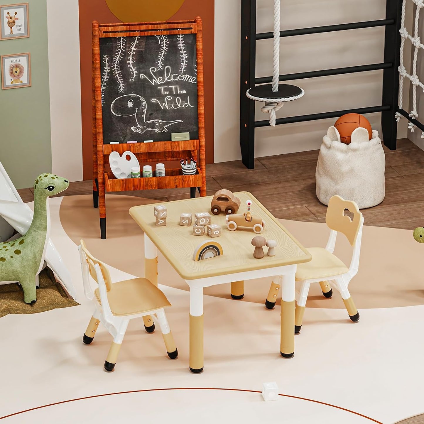 HLPB Kids Table and 2 Chairs Set, Adjustable Height, Graffiti Desktop, Non-Slip Legs, 31.5''L x 23.6''W Toddler Multi-Activity Table for Ages 2-8, Max 300lbs, for Daycare, Classroom, Home