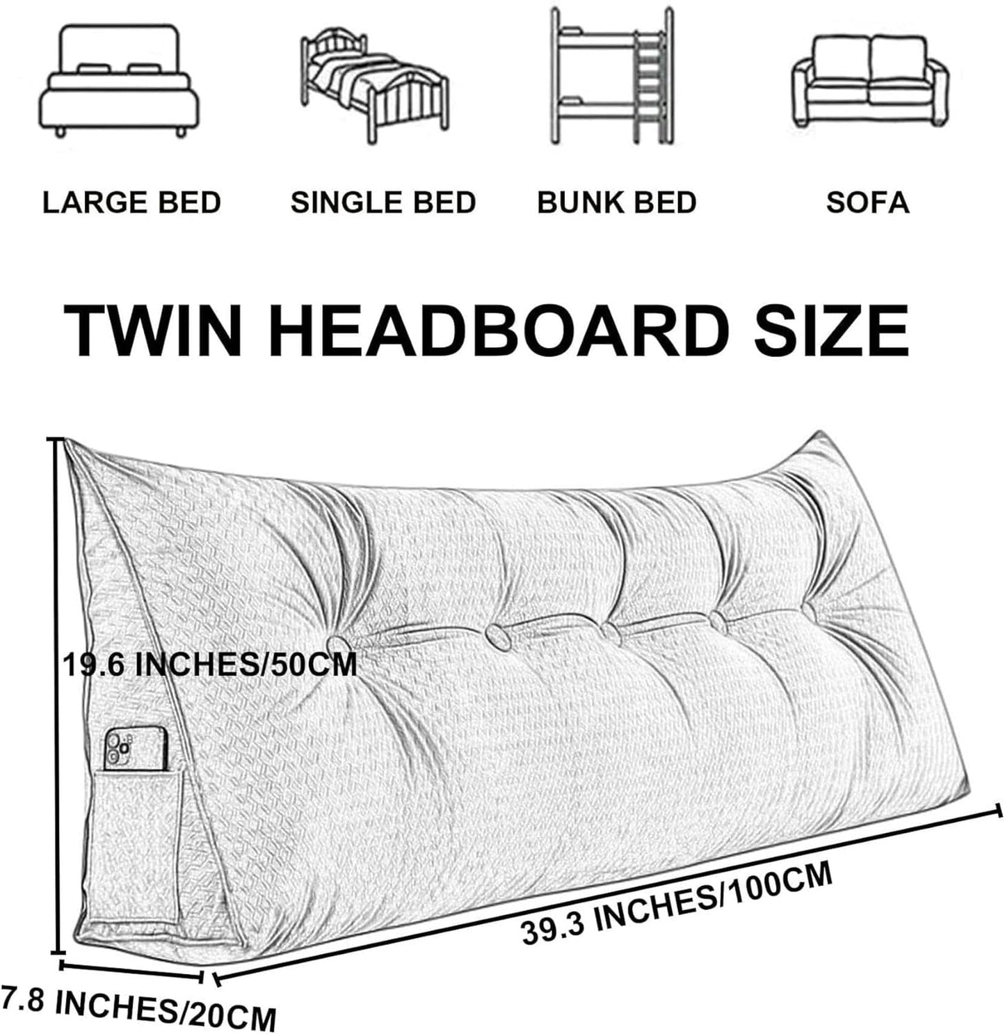 AMNOOL Large Reading Wedge Pillow,Velvet Headboard Cushion Triangular Backrest,Solid Color Bed Rest Bolster Daybed Bunk Bed Dorm Cushion with Removable Cover-1-